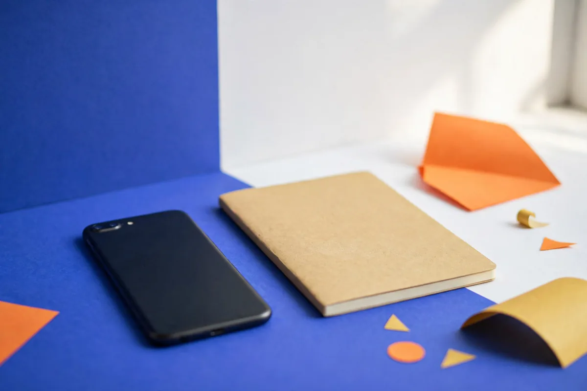 A phone and a notebook on a desk