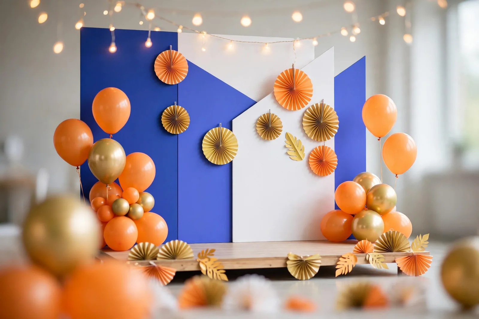 A small stage with lights and balloons